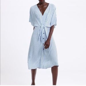 ZARA Light Blue and black polka dot tie midi dress